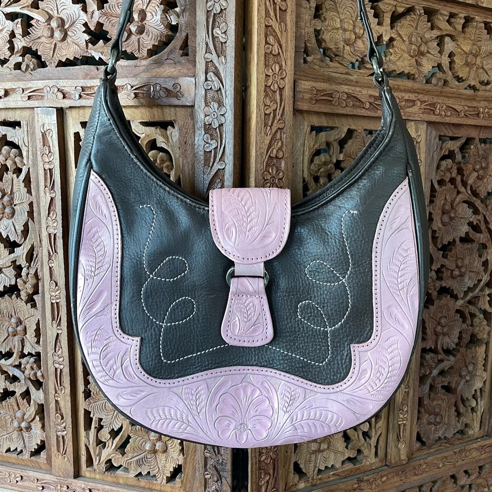 American West vintage tooled Leather Shoulder Bag - Pink and brown Floral - Picture 3 of 8